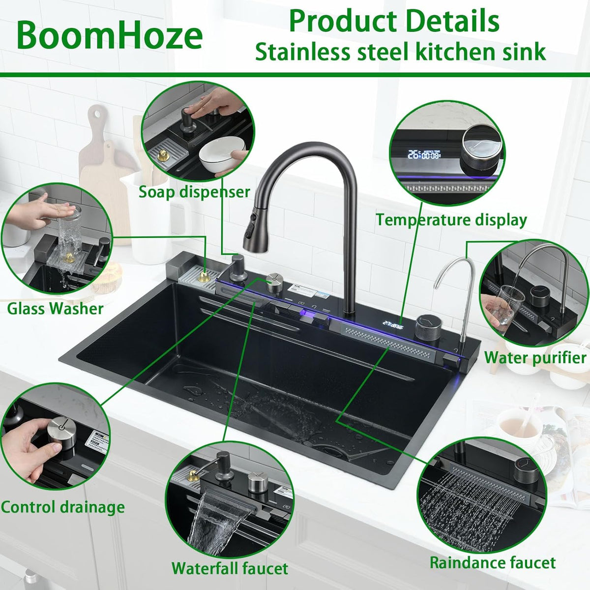304 Roestvrij Staal Keuken Spoelbak, 75x45x21cm Zwarte Enkele Kom Multifunctionele Waterval Sink
