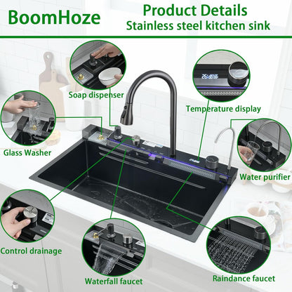 304 Roestvrij Staal Keuken Spoelbak, 75x45x21cm Zwarte Enkele Kom Multifunctionele Waterval Sink