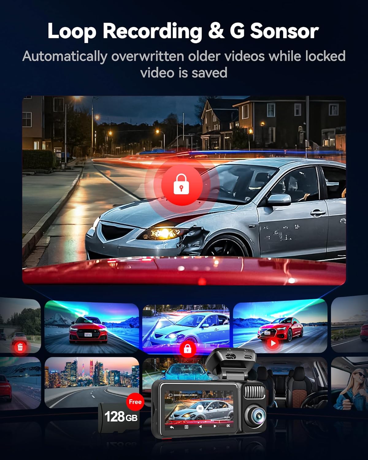 Dashcam – Dashboardcamera – Autocamera – Rijcamera – Autorecorder – 3-Kanaals – 4K Voor, 2.5K Achter, 1080P Interieur – Full-Color Nachtzicht
