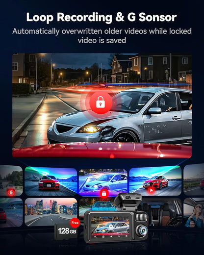 Dashcam – Dashboardcamera – Autocamera – Rijcamera – Autorecorder – 3-Kanaals – 4K Voor, 2.5K Achter, 1080P Interieur – Full-Color Nachtzicht