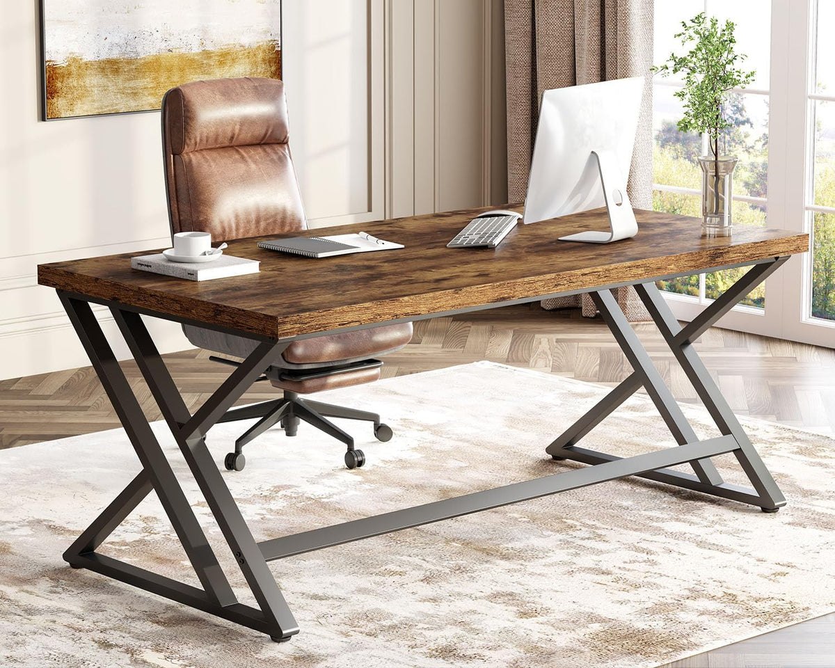 LVB Rustiek computerbureau, metalen houten bureau voor thuiskantoor, industrieel eenvoudig studiebureau voor schrijfwerk, houten student gaming computer pc-tafel met opbergruimte voor slaapkamer, 140