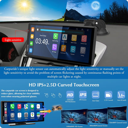 Carpuride W903 Draagbare Draadloze Carplay & Android Auto met Dashcam - 9,3" HD IPS Scherm, 4K Voor- & Achteruitrijcamera, Lusopname, Bluetooth, Spiegellink, GPS, Siri, Dashboardmontage