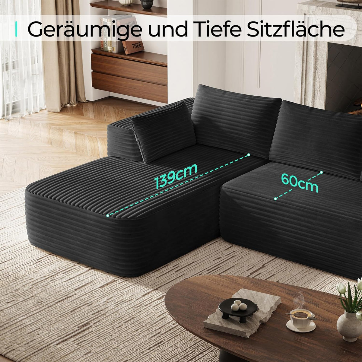 LINSY HOME Corner Sofa with Sleeping Function, Corduroy Modular Sofa Bed, 270 cm, L-Shaped Sofa, 3 Seater with Footstool, Sectional Sofa for Living Room, No Assembly Required, Black - QUORE