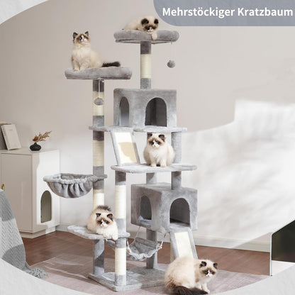 Cat Tree Indoor Cat Tree 200cm Cat Scratching Post with Large Adult Cats, 2 Scratching Boards, 7 Scratching Posts, 2 Plush Platforms, 2 Cat Cavities, Light Grey GCT032W - QUORE
