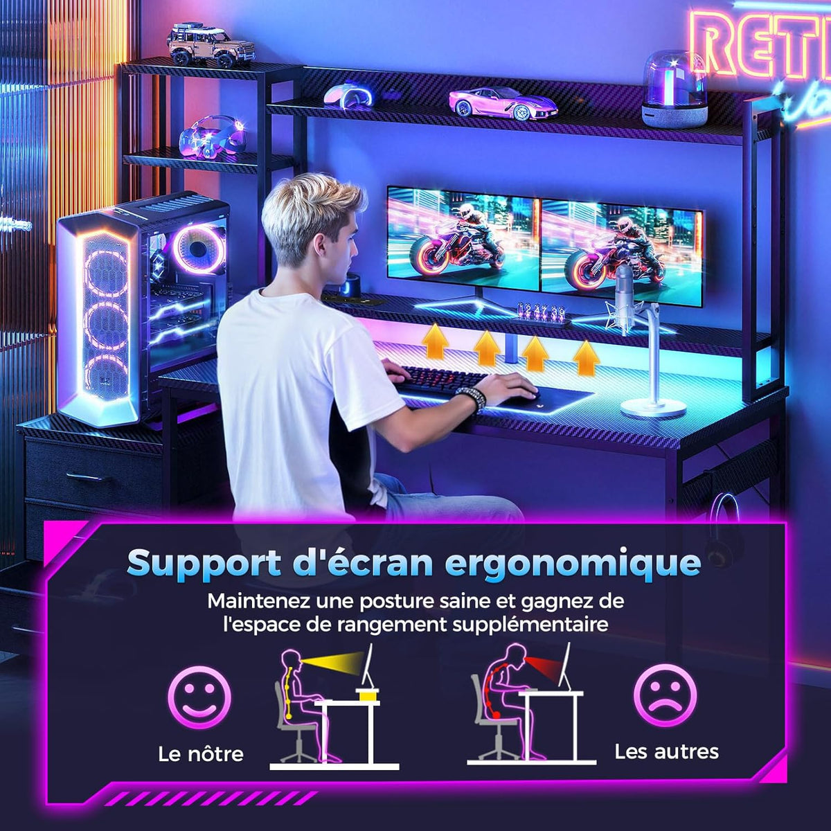 Coleshome Gamingbureau met Plank en Lades, 161×48 cm Gamebureau met LED-verlichting & Ingebouwd Stopcontact, Computertafel met Opbergplanken & Monitorstandaard, Zwarte Koolstofvezel