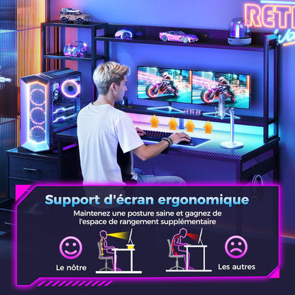 Coleshome Gamingbureau met Plank en Lades, 161×48 cm Gamebureau met LED-verlichting & Ingebouwd Stopcontact, Computertafel met Opbergplanken & Monitorstandaard, Zwarte Koolstofvezel