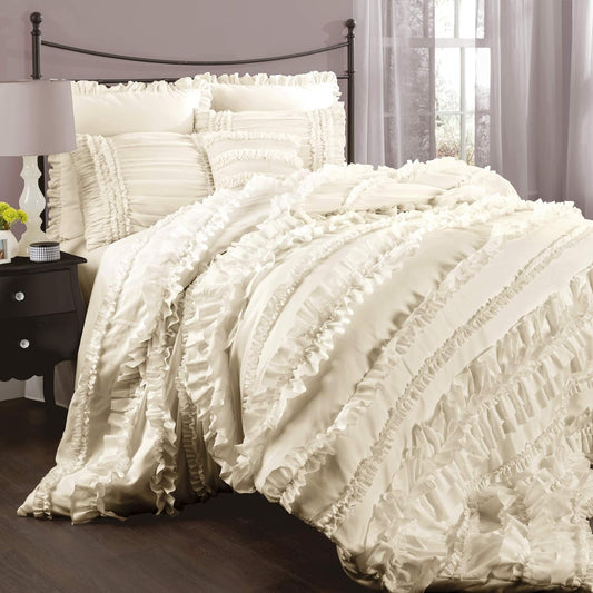 Lush Decor Belle ivoorkleurige knuffeldoek met ruches, vintage chic, 4-delige set met bedrok en 2 kussenslopen, polyester, Queen