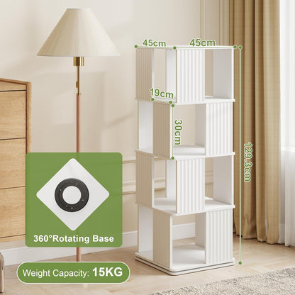 YOSHOOT 4-laags roterende boekenplank staande 360 ° roterende boekenkast, 129,3 cm houten draaiende boekenplank, boekenopbergrek voor studeerkamer, slaapkamer, woonkamer, 45 x 45 x 129,3 cm (wit)