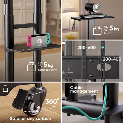 ONKRON Verrijdbare TV-standaard voor 32-75 inch, Flat & Curved TV's tot 60 kg, professionele in hoogte verstelbare TV-voet max VESA 600x400 mobiele TV-wagen met wielen Zwart TS1571-B