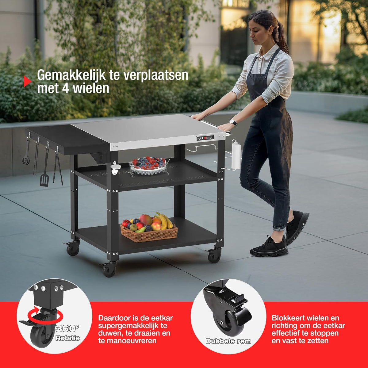 PARGRILL barbecuetrolley mobiele serveerwagen met 3 niveaus, opklapbare zijtafel en 360° zwenkbare wielen met rem - Multifunctionele roestvrijstalen buitenbarbecuetafel voor BBQ en tuin
