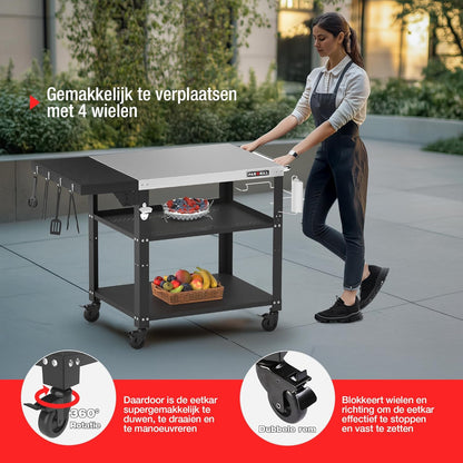 PARGRILL barbecuetrolley mobiele serveerwagen met 3 niveaus, opklapbare zijtafel en 360° zwenkbare wielen met rem - Multifunctionele roestvrijstalen buitenbarbecuetafel voor BBQ en tuin