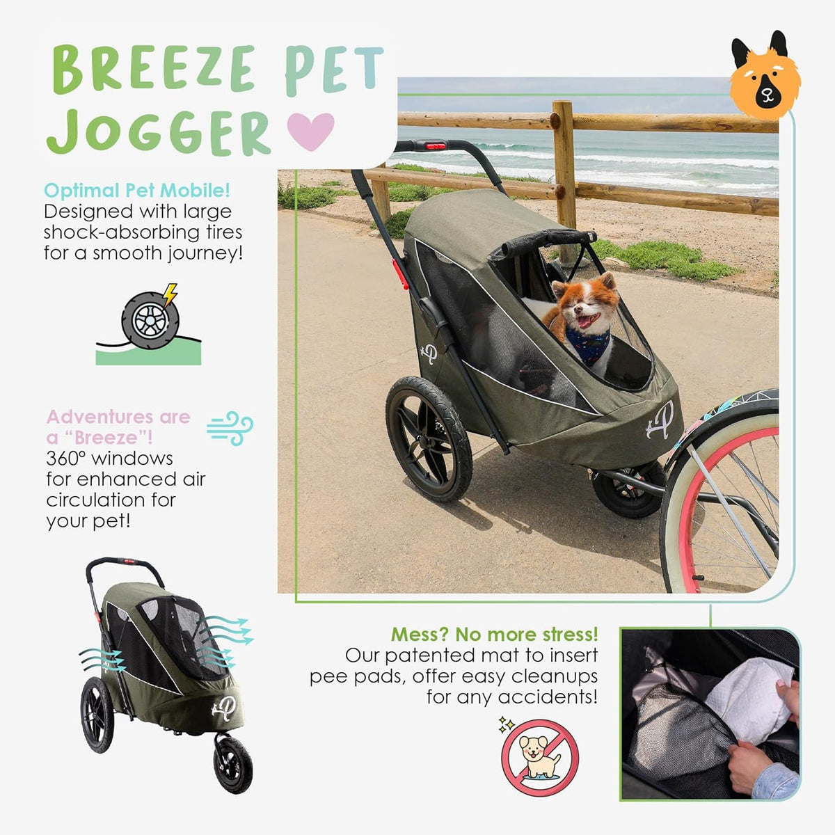 Breeze Black | Luxe hondenfietskar | groot formaat jogger | eenhandig opvouwbaar | luchtbanden | INCL regenhoes | bandenpomp | fietsadapter