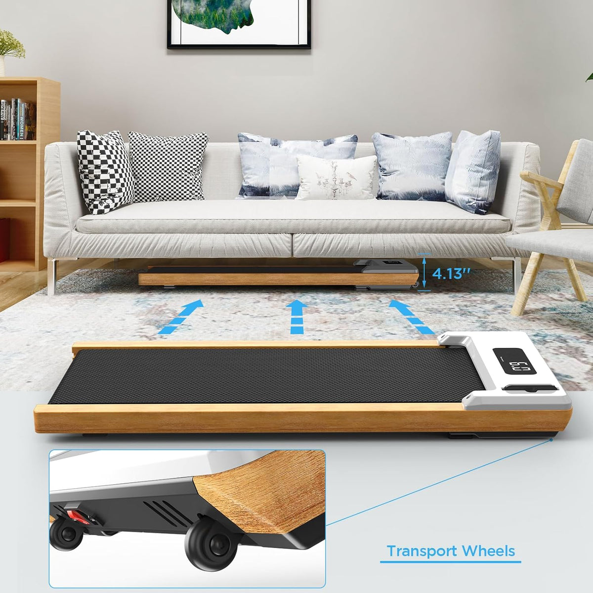 Bottom Desk Treadmill Walking Pad Portable Flat Slim Machine with Remote Control LCD Display for Home Office Gym Use, Installation Free (Wood) - QUORE