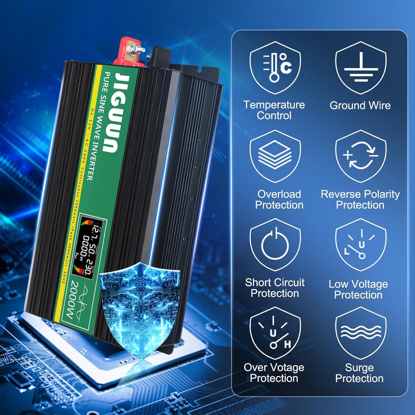 JIGUUN 2000W omvormer 12v naar 230v zuivere sinus inverter met draadloze afstandsbediening LCD-scherm 2 Eu-stopcontact & 1 USB-poort Piekvermogen 4000W voor auto, camping, reizen