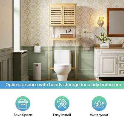 SMIBUY Badkamer boven het toilet opbergkast, 2-deurs bamboe kast organizer, vrijstaand ruimtebesparend toiletrek met verstelbare binnenplank en open plank (natuurlijk)