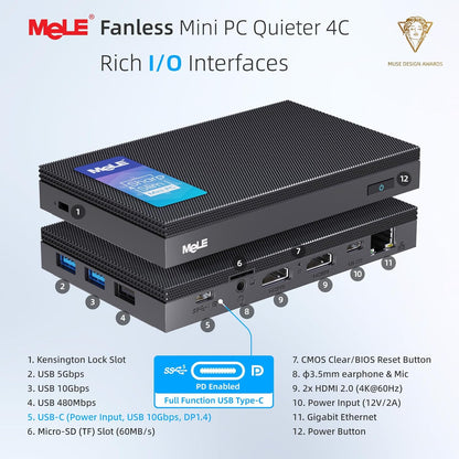 MeLE Quieter4C Mini PC Zonder Ventilator 12e Alder Lake N100 (tot 3,4GHz)16GB LPDDR4x 512GB Desktop Personal Computer Win 11 Pro 4K Drievoudige weergave Dubbel HDMI Alles-in-één USB-C BT5.1 Ethernet