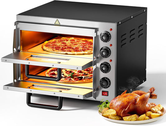 Wiltec pizzaoven met 2 niveaus 3000 W, oven voor pizza's incl. cordieriet pizaasteen, vuursteen voor steenovenpizza's, bakoven vor gerechten en maaltijden, pizzabakoven met twee kijkvensters