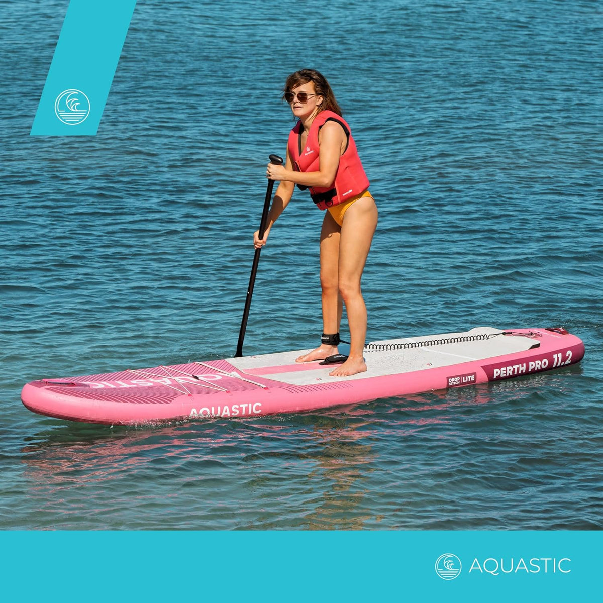 AQUASTIC Perth Pro 11'2" SUP Board Set – complete set met 2-in-1 peddel, kajakzitting, leash 300 cm, pomp, rugzak, Drop Stitch Lite, 165 kg, 340 x 86 cm, voor beginners en gevorderden