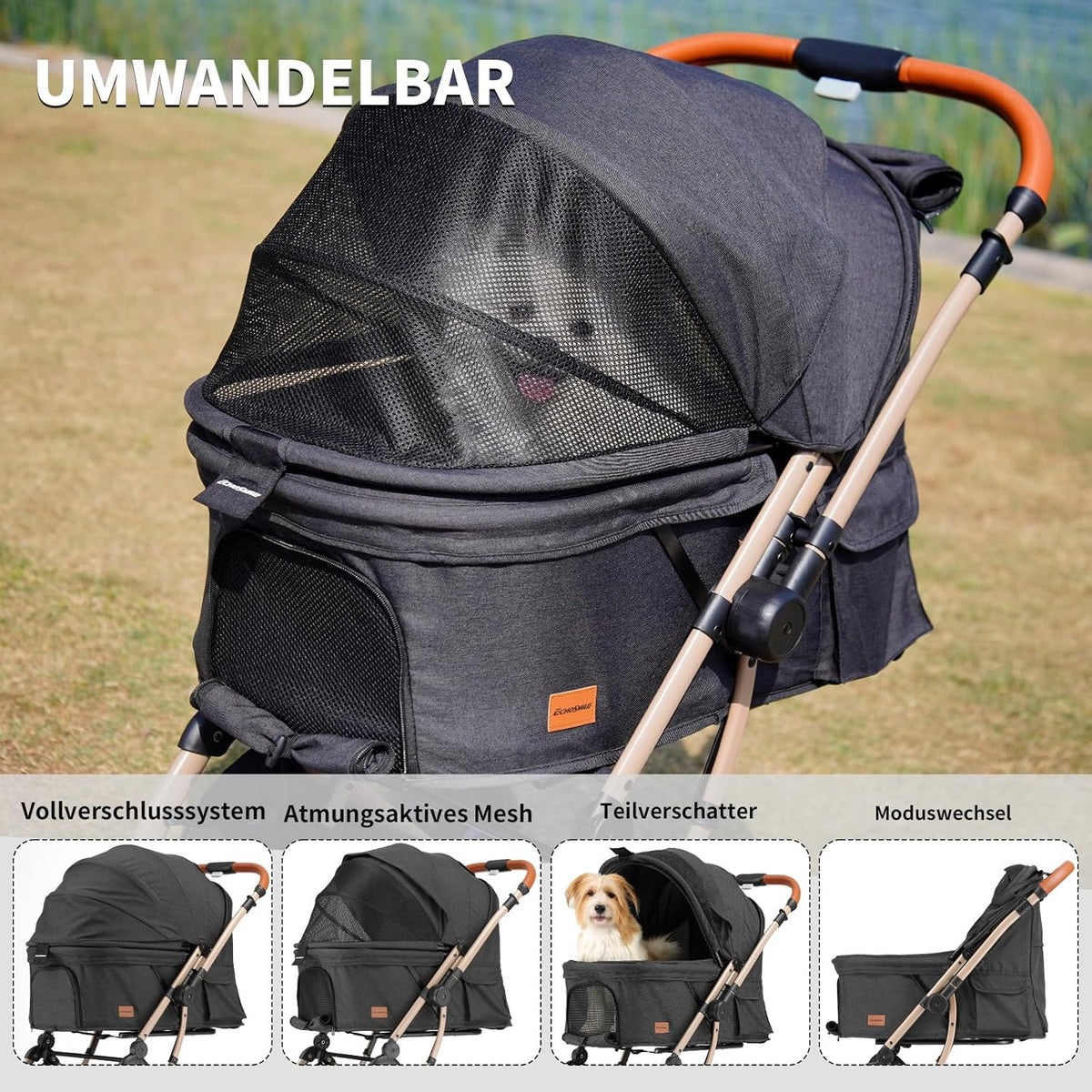 EchoSmile Opvouwbare hondenwagen, hondenbuggy tot 20 kg, voor kleine middelgrote honden en katten, hondenbuggy en kattenwagen met omkeerbare handgreep, schokdemping en afneembaar wasbaar kussen (zwart