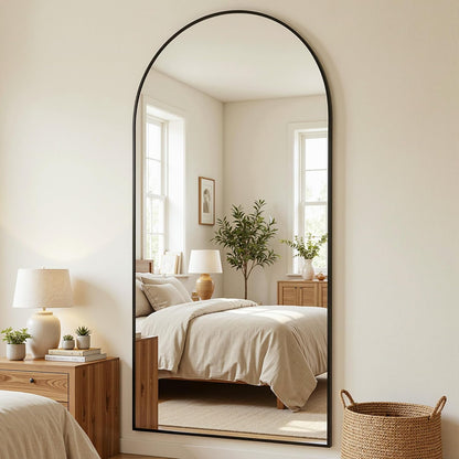 Vloerspiegel – Passpiegel – Staande Spiegel – Wandspiegel – Full-Body Spiegel – 194x87 cm – Aluminium Frame – Onbreekbaar Glas – Zwart – Gebogen Design