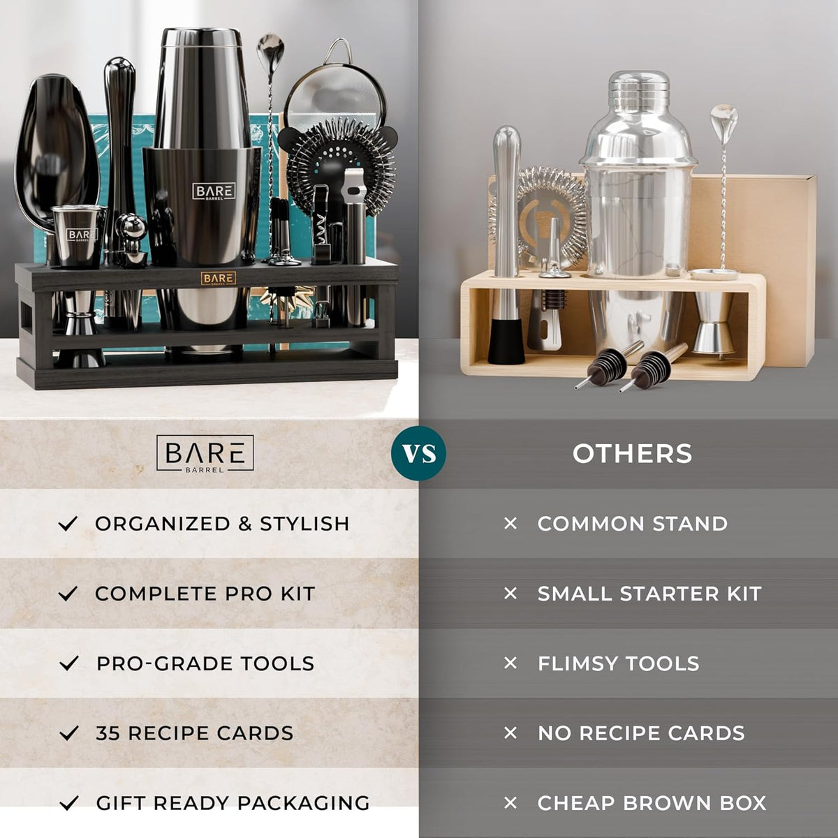 Cocktailset Zwart – Bartenderset – Cocktailshakerset – Barset – Cocktailcadeauset – 16-Delig Met Bamboe Standaard – 35 Receptkaarten