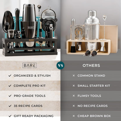 Cocktailset Zwart – Bartenderset – Cocktailshakerset – Barset – Cocktailcadeauset – 16-Delig Met Bamboe Standaard – 35 Receptkaarten
