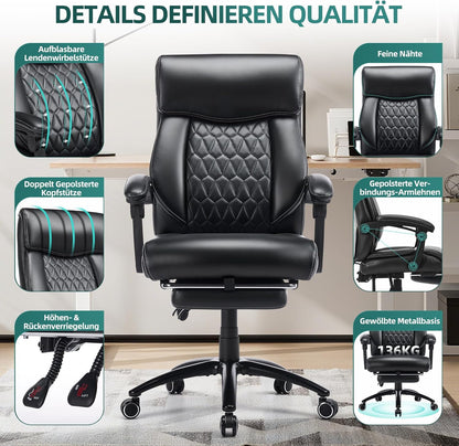 COLAMY Ergonomische directiestoel met voetensteun, gevoerde opklapbare armen en kantelverstelling voor lang werken in het thuiskantoor, zwart
