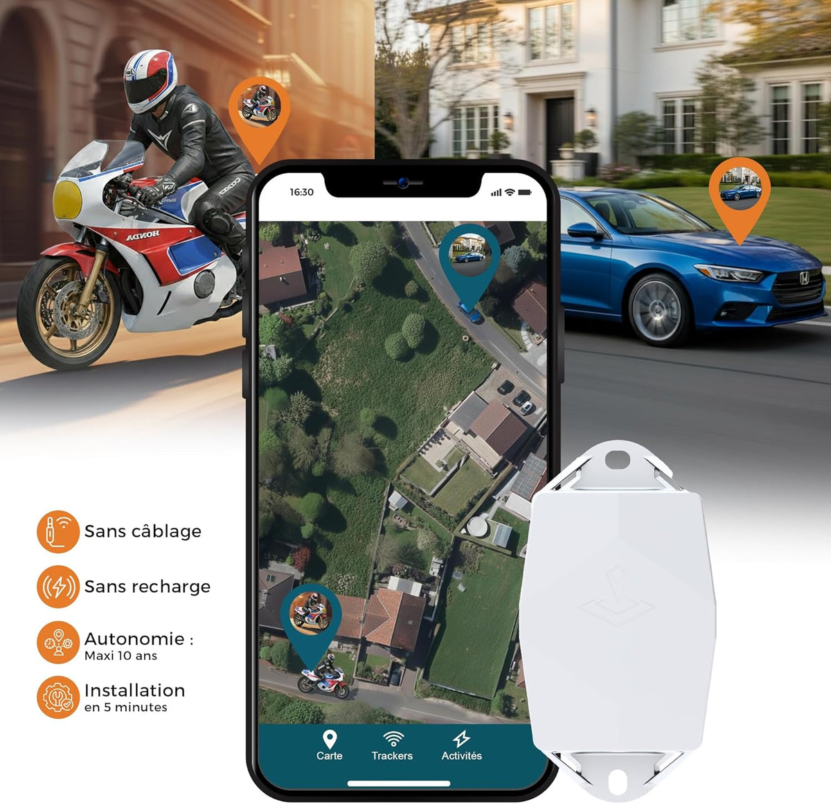 GPS-tracker Maxi wit – auto en motorfiets – looptijd van 5 jaar – discrete tracking zonder opladen – abonnement via de app vereist – ideaal voor voertuigen, aanhangers, boten, scheepswerven