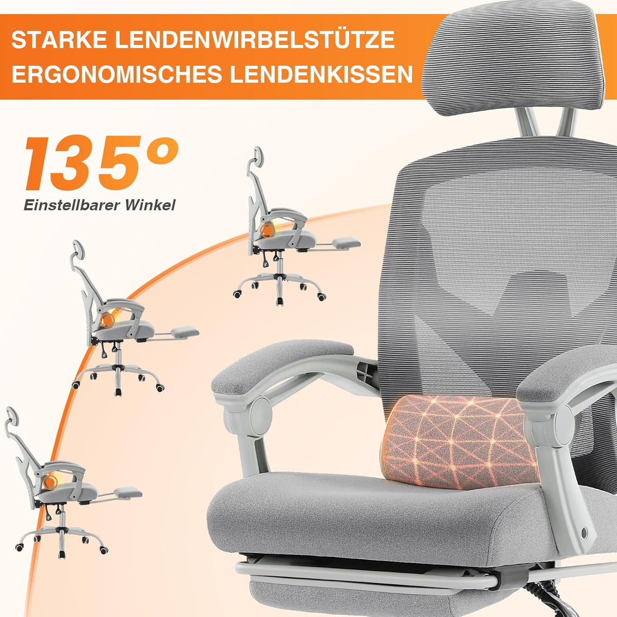 Sweetcrispy Bureau-computer-bureaustoel, gamingstoelen voor volwassenen, high-back mesh rolling draaibare rugleuningstoelen met wielen, comfortabele lendensteun, comfortabele armen, grijs