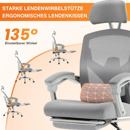 Sweetcrispy Bureau-computer-bureaustoel, gamingstoelen voor volwassenen, high-back mesh rolling draaibare rugleuningstoelen met wielen, comfortabele lendensteun, comfortabele armen, grijs
