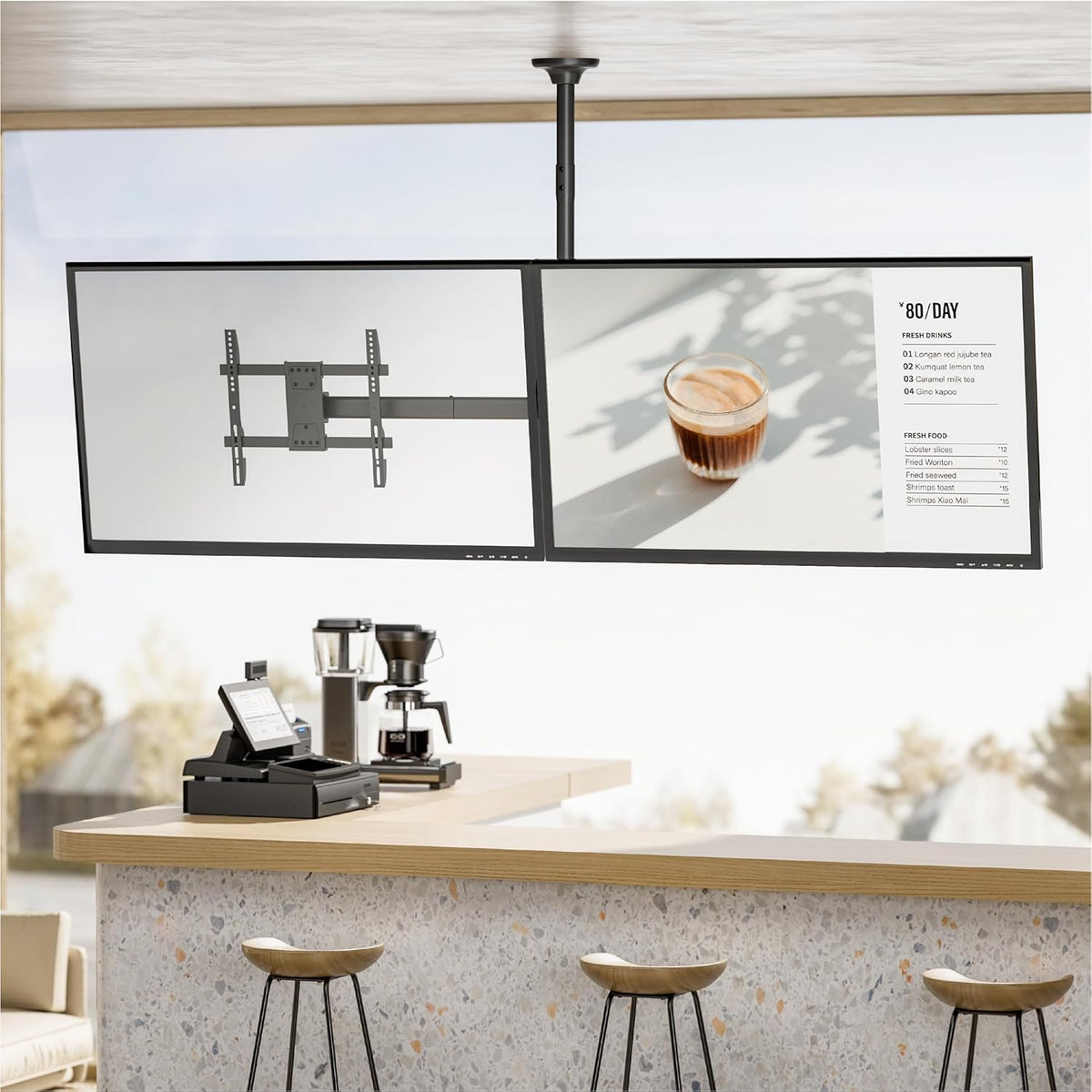 Mount Plus CB-D600 2x1 Side by Side Dual Screen Menu Board Plafondsteun voor 37 "tot 60" TV | Verstelbare hoogte Pole | Max. Gewicht 75 lbs per scherm | VESA-patronen tot 600x400 | Draaibaar 360