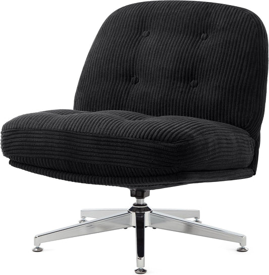 IWMH Swivel Accent Chair, Criss Cross Legged Makeup Dressing Chair Without Wheels, Criss Cross Office Chair, Tufted Upholstered Recliner Office Chairs for Home Office, Living Room, Bedroom (Black) - QUORE