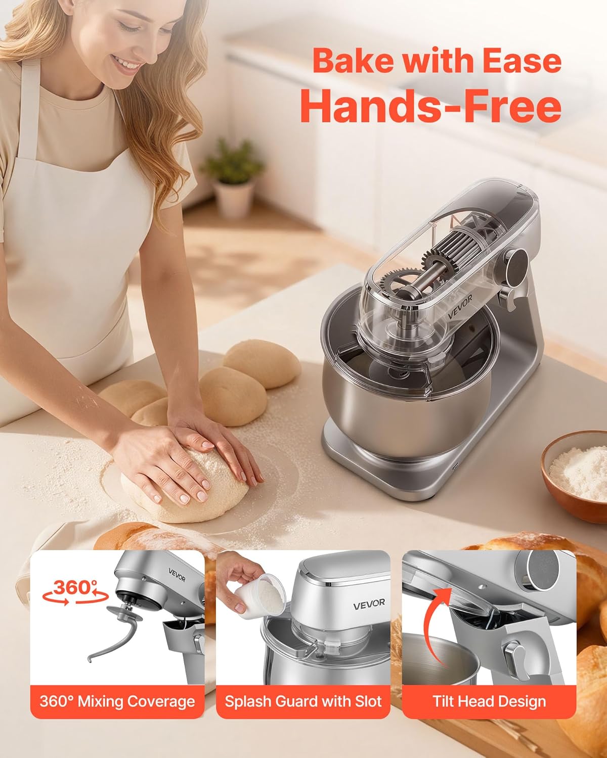 VEVOR Blender, 1800 W, kom van roestvrij staal, 7,4 l, kneedhaak, garde en garde, 10 snelheden, verstelbare helling, 411 x 253 x 342 mm, voor het mengen van crème, groenten en deeg