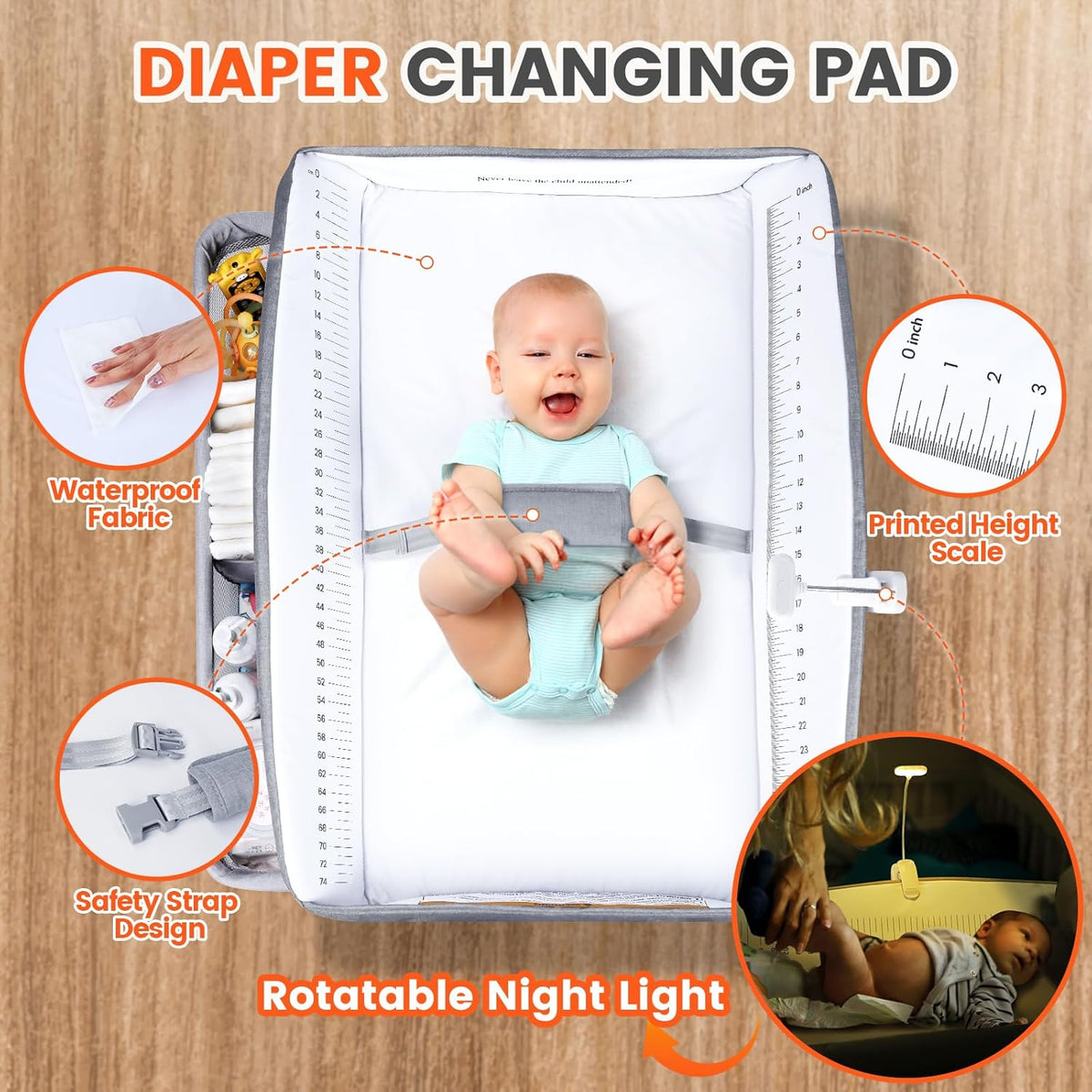 Orzbow Draagbare Baby Luiertafel met Laden en Nachtlampje, in Hoogte Verstelbaar Babyverschoontafel met Veiligheidsgordel, Opvouwbaar en Mobiel Verzorgingstafel, Ruime Opbergruimte, Grijs