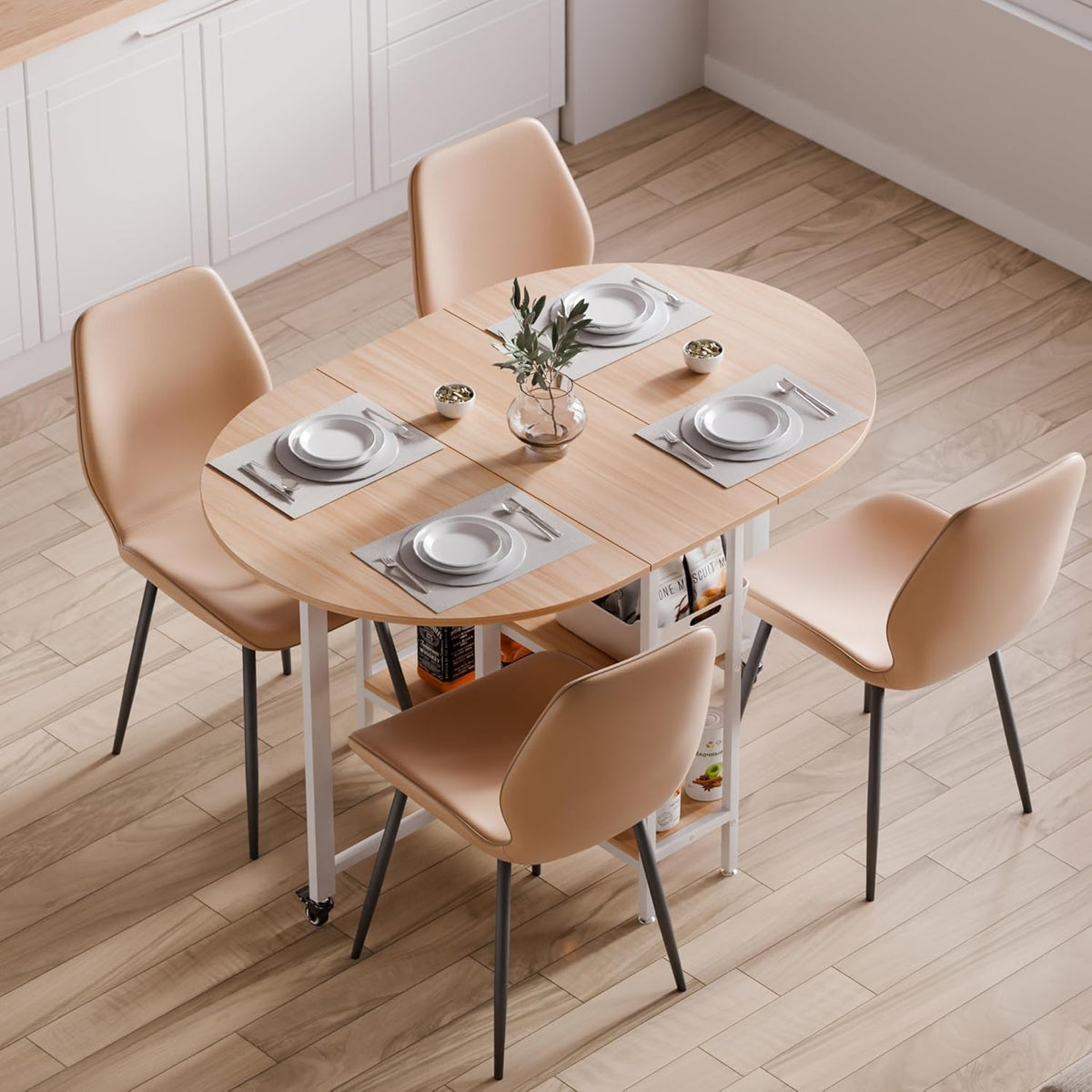 Mondeer Mobile Folding Dining Table, Folding Table with 2 Open Storage Shelves, Round Edges, Small Spaces, Dining Room, Kitchen, 120 x 80 x 75 cm, Oak and White