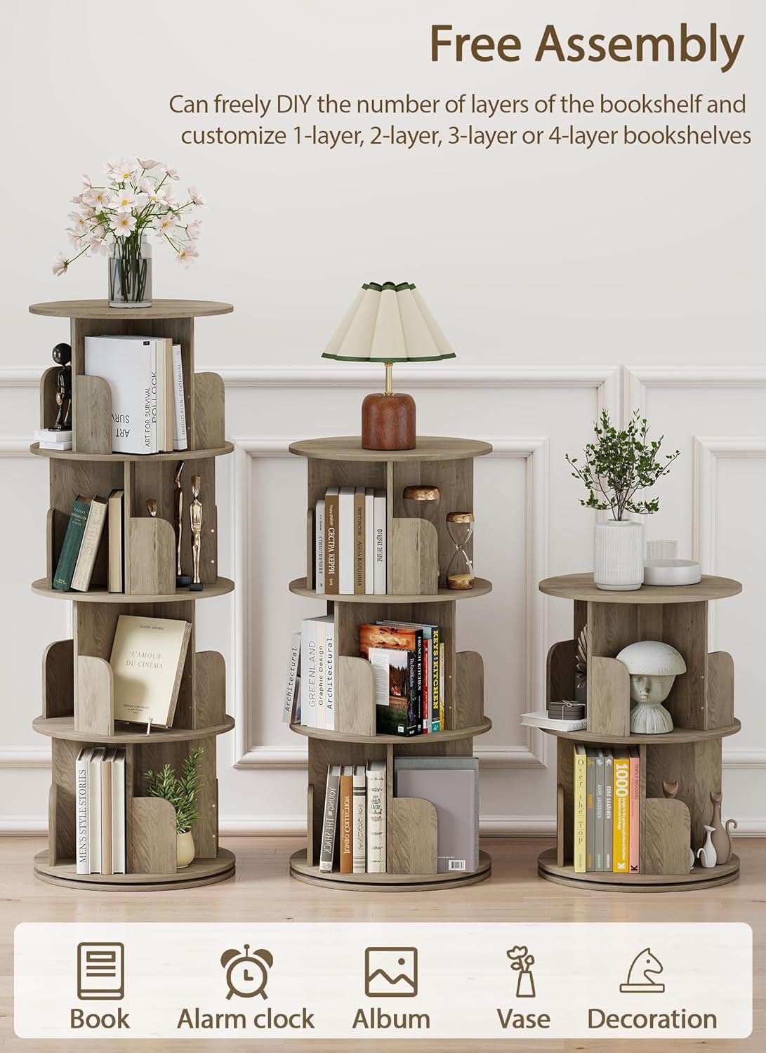 Rotating Bookshelf 360° Rotatable Bookcase for Kids Room Freestanding Rotating Bookcase Multifunctional Display Organizer for Home Study Bedroom (4 Tier | Oak | - QUORE