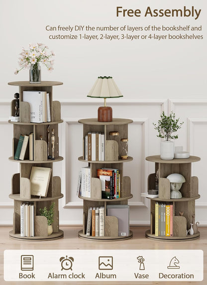 Rotating Bookshelf 360° Rotatable Bookcase for Kids Room Freestanding Rotating Bookcase Multifunctional Display Organizer for Home Study Bedroom (4 Tier | Oak | - QUORE