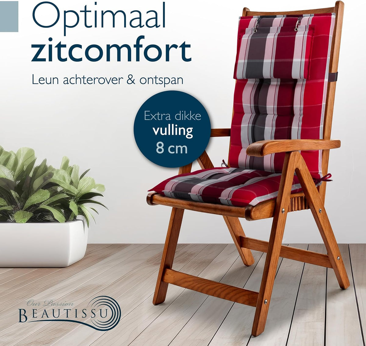 Beautissu Set van 8 Premium Hoge Rugleuning Kussen met Hoofdkussen 120x50 cm Sun-HL – UV-bestendig & 8cm Dik Kussen Tuinstoelkussen Antislip Bevestigingsbanden – Stevige Stof Rood Antraciet Gestreept