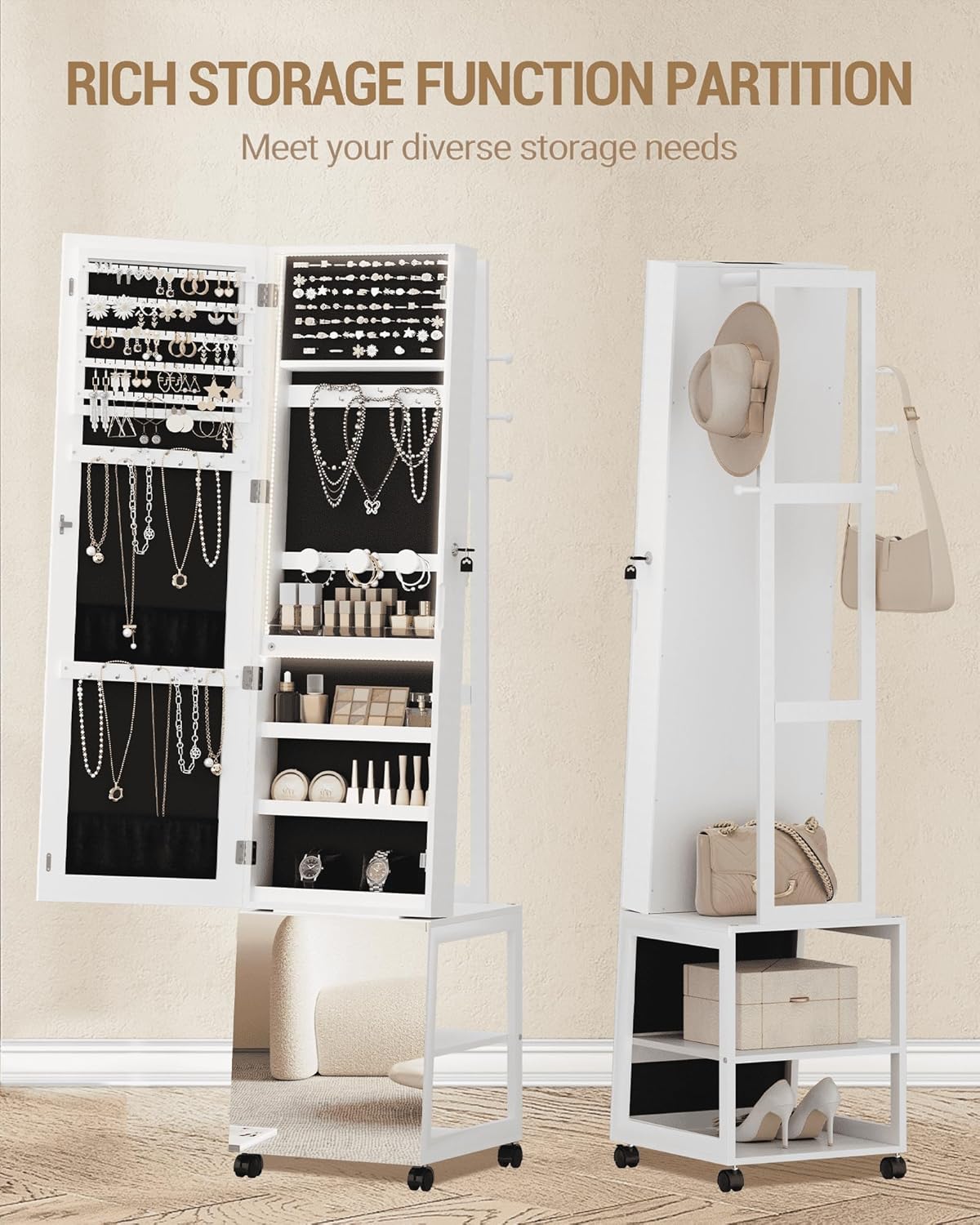 Hzuaneri Jewellery Cabinet with Light Frame, Mirror, Standing Jewellery Cabinet with Clothes Stand, Movable Full Body Mirror with Wheels, Lockable Storage Compartments with Hooks, White JC17103B