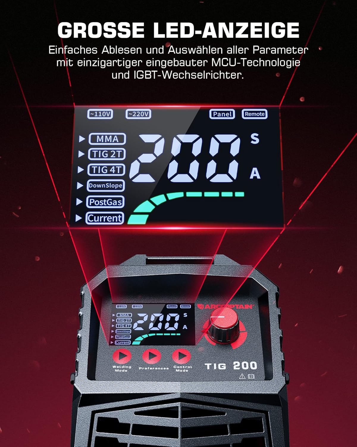 ARCCAPTAIN DC WIG IGBT Lasapparaat, 200 ampère, combi, HF-ontsteking, TIG WIG-lasapparaat met 200 ampère en MMA E-hand, met digitaal led-display, lassen van staal, roestvrij staal en nog veel meer
