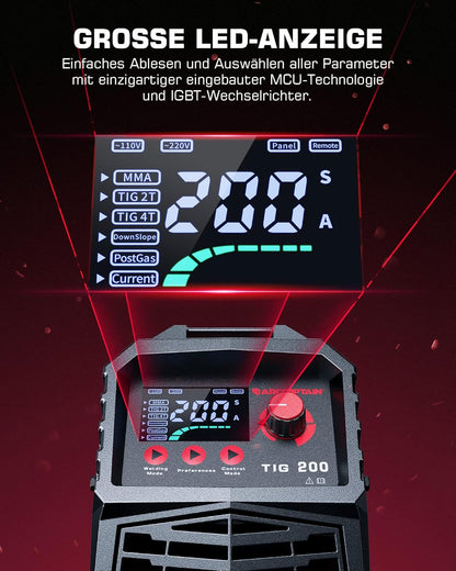 ARCCAPTAIN DC WIG IGBT Lasapparaat, 200 ampère, combi, HF-ontsteking, TIG WIG-lasapparaat met 200 ampère en MMA E-hand, met digitaal led-display, lassen van staal, roestvrij staal en nog veel meer