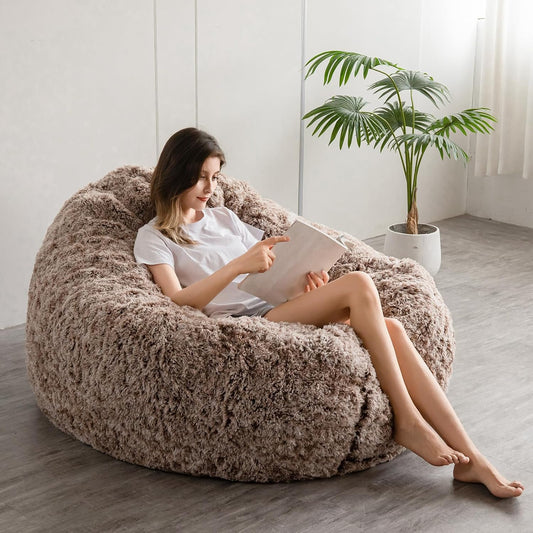 MAXYOYO Gigantische zitzakbed - ronde zitzakstoel - grote bank met lange hoes van imitatiebont en pluizige vulling inbegrepen voor volwassenen, stellen, gasten (koffiebruin, 150 x 150 cm)