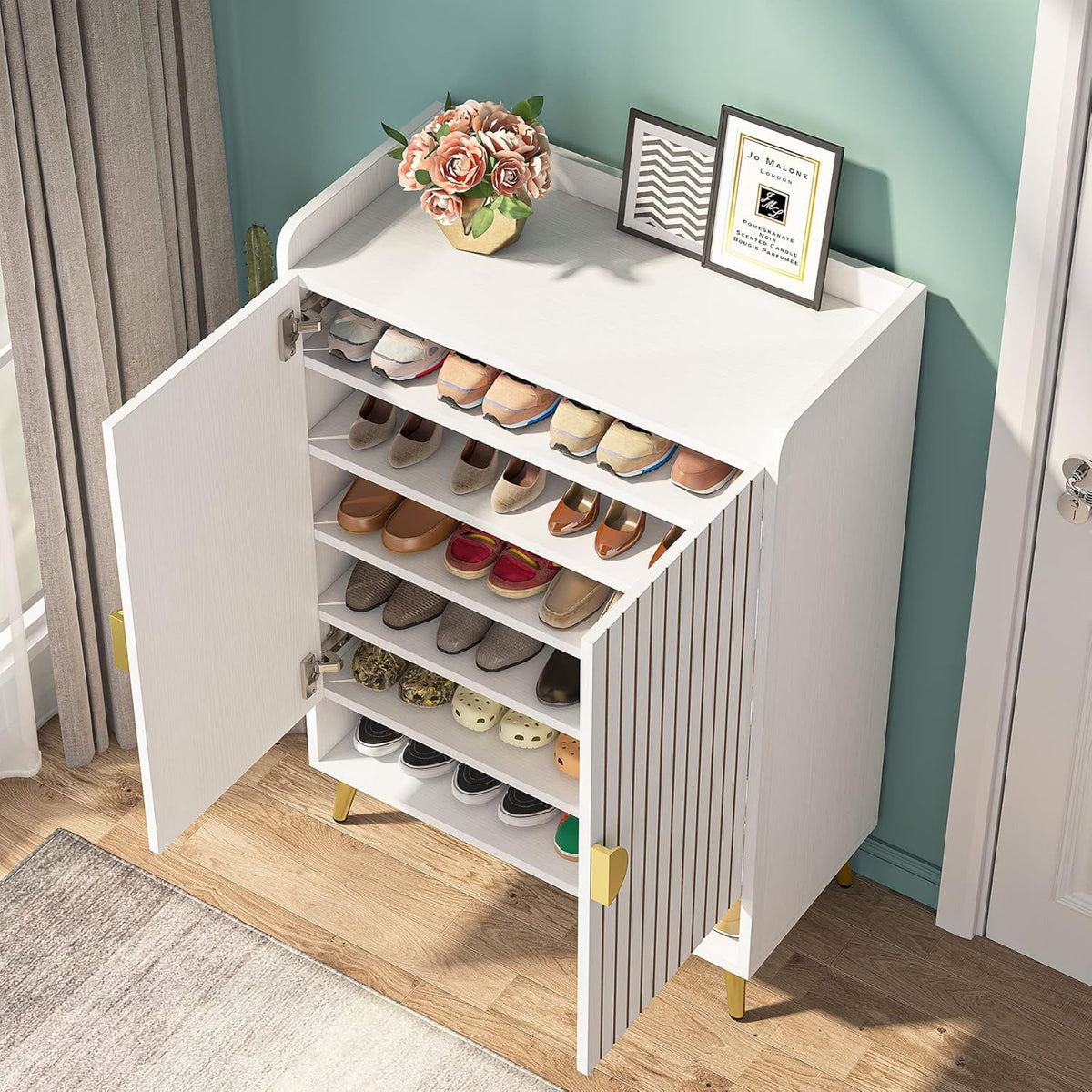 Tribesigns Shoe Cabinet with Doors, 6 Tier Shoe Storage Cabinet with Adjustable Shelves, Wooden Shoe Rack, Shoe Storage for Entrance, Hallway, Closet, Living Room, White and Gold