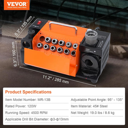 VEVOR Drill Sharpener, 3-13mm End Mill Grinder, Lip Relief Angle and 95°-135° Point Angle, Adjustable Drill, Portable Grinder with 11 Collets, CBN & SDC Wheel