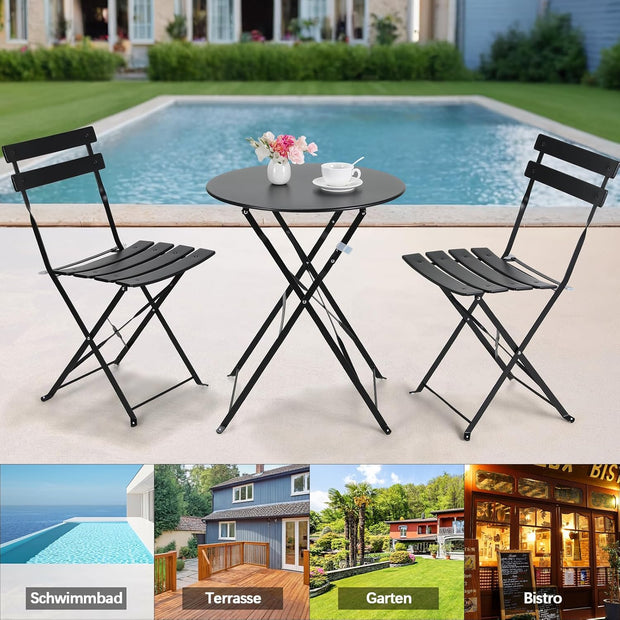 Tuinstoelen - Tuinmeubelen - 3-Delige - Tuin Eettafelstoelen - Inklapbaar Stoelen & Tafel - Bistroset - Moderne Stijl - Weerbestendig - Stabiel - Ruimtebesparend - Onderhoudsvriendelijk - 59.5 x 72 cm Tafel - 42 x 28.5 x 81 cm Stoel - Zwart