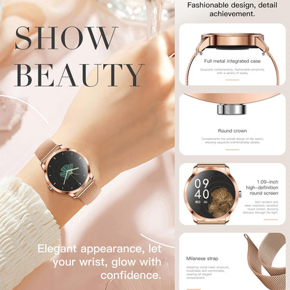 Smartwatch voor Damen met Bluetooth Bellen, 3 Armbanden, 1,09" Slimme Horloge, IP68 Waterdicht Sporthorloges, Hartslagmeter, SpO2, Slaapmonitor, Fitnesstrackerhorloge voor Android/iOS (Goud)