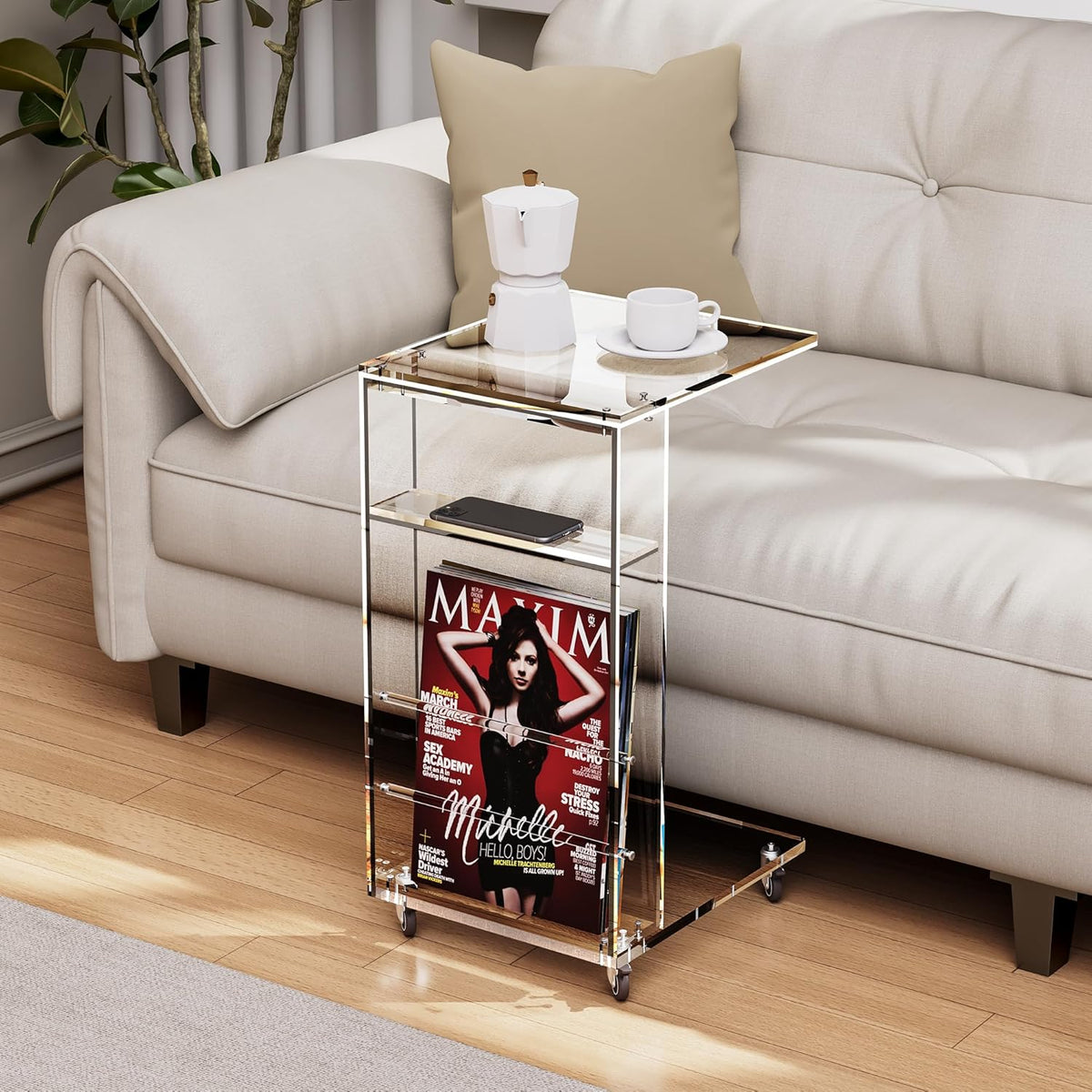 Duidelijke Acryl Bijzettafel op Afsluitbare Wielen, C-vormige Eindlijst voor Bank, Kleine Salontafels voor Kleine Ruimten (Doorzichtig), SFCJ01001