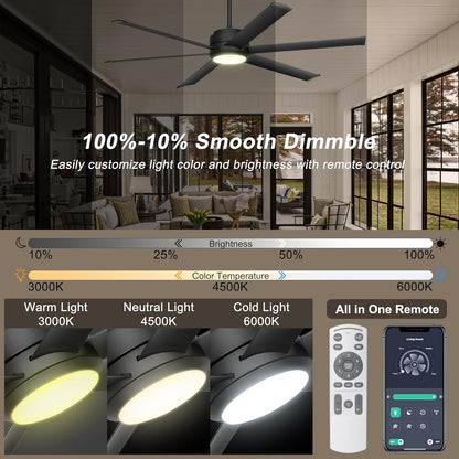 Ohniyou Plafondventilator met licht, industriële plafondventilator, 152,4 cm, met afstandsbediening en app, dimbaar, gelijkstroommotor, grote plafondventilator voor terras, woonkamer, zwart