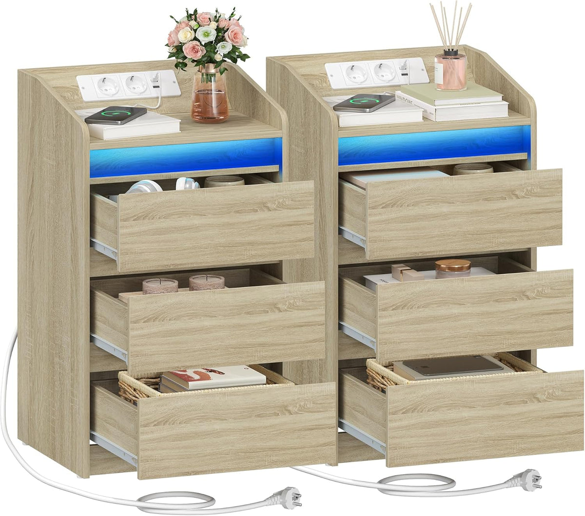 Hzuaneri Bedside Table Set of 2 with 3 Drawers, Side Table with Charging Base and LED, 2 AC Sockets and 2 USB Ports for Bedroom, Living Room, Oak Colors NS40116X