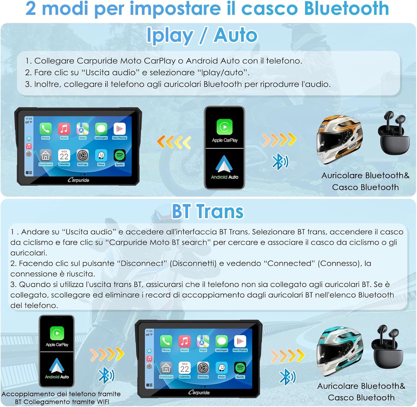 Carpuride W702B Motorfiets Carplay Scherm met Custom Mount voor BMW Motorbike, Wireless CarPlay en Android Auto, Draagbaar 7 inch Waterdicht Touchscreen, Dual Bluetooth, Navigatie, Siri.